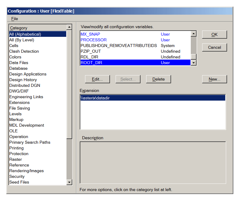 MicroStation Configuration showing ROOT_DIR