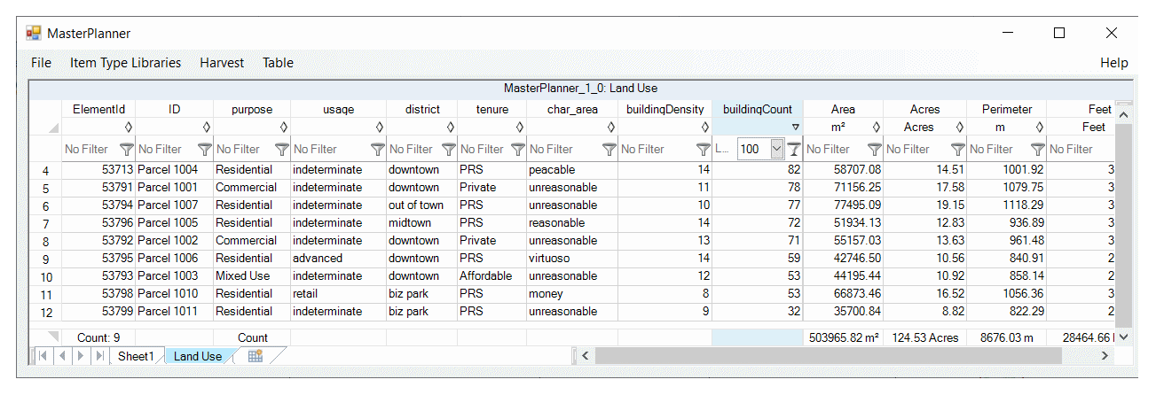 Worksheet filtered on building count