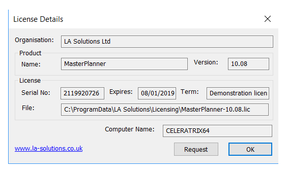 MasterPlanner License Dialog
