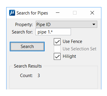 PipeTagger Search dialog showing fence toggle button