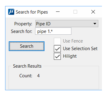 PipeTagger Search dialog showing selection set toggle button