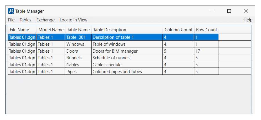 Table Manager dialog