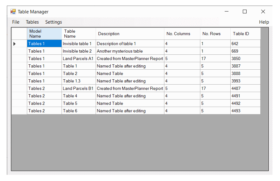 Table Manager  dialog