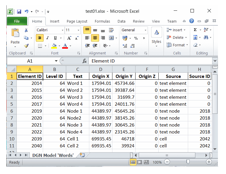 DGN text exported to Excel